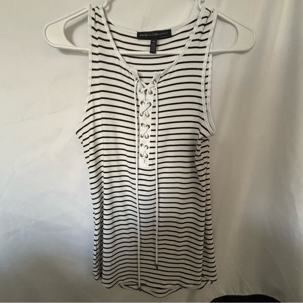 White House Black Market Black and White Tie Front Tank Top